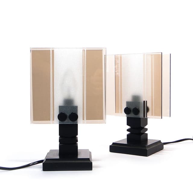 Pair of modernist table lamps, black beige white, plastic wood glass, Czechoslovakia, 1960s. - DIMENSION