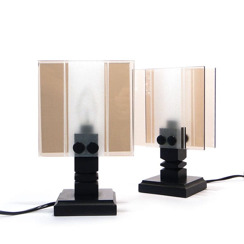 Pair of modernist table lamps, black beige white, plastic wood glass, Czechoslovakia, 1960s.