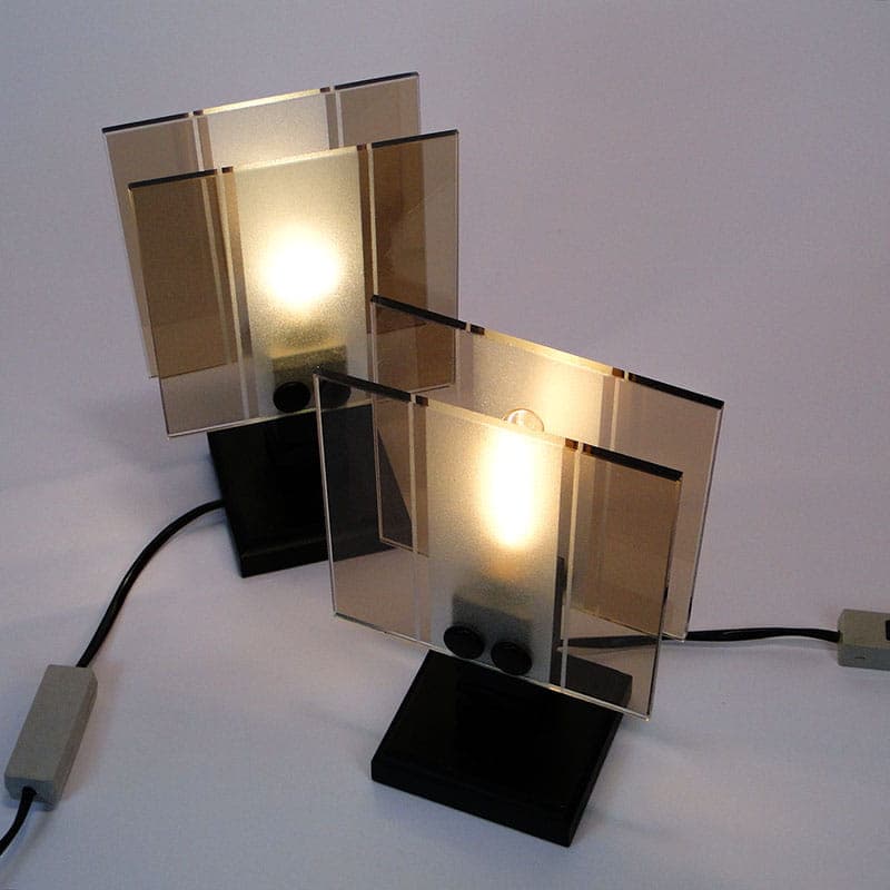 Pair of modernist table lamps, black beige white, plastic wood glass, Czechoslovakia, 1960s. - 368074