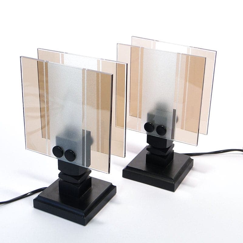 Pair of modernist table lamps, black beige white, plastic wood glass, Czechoslovakia, 1960s. - 368071