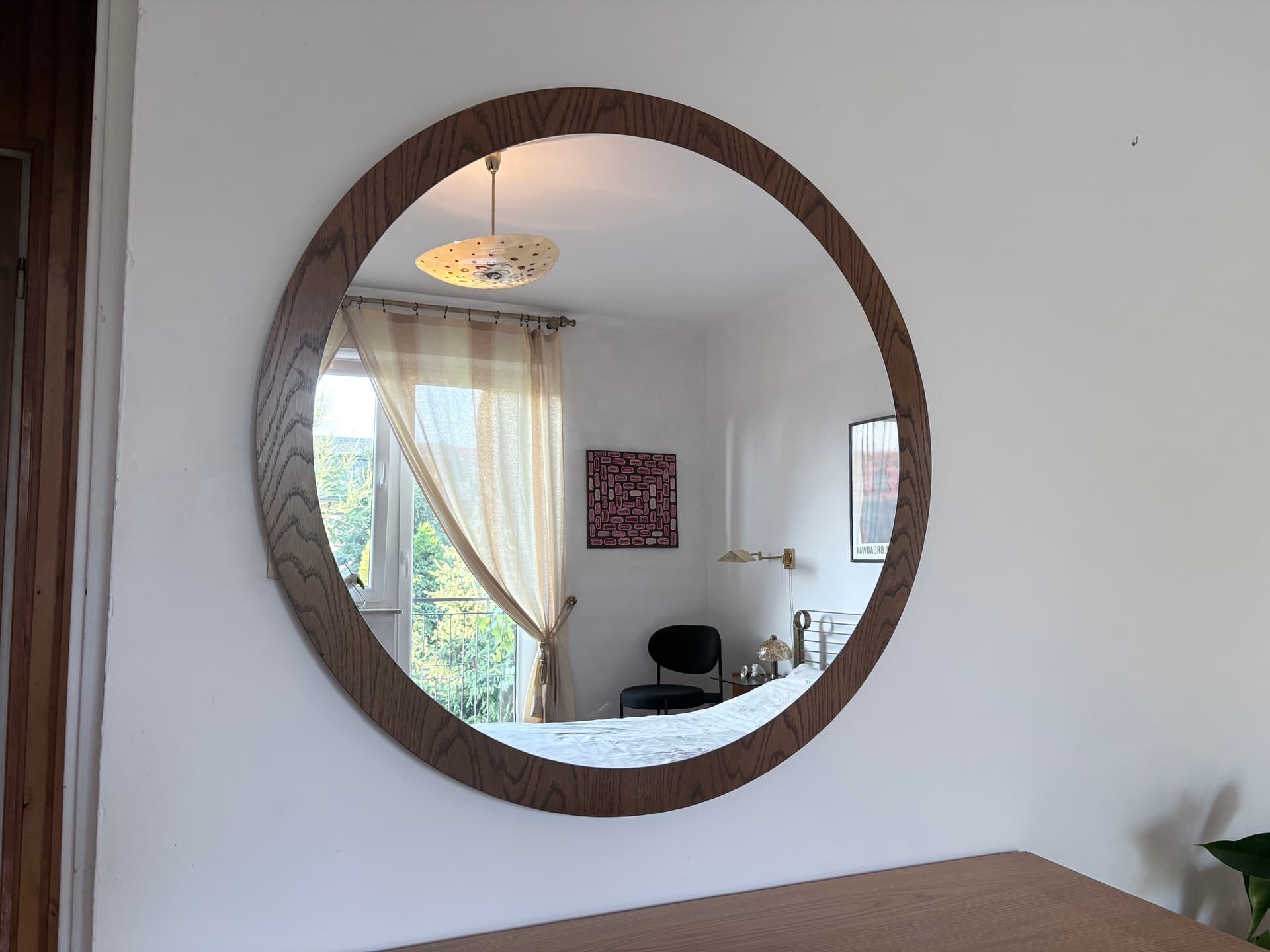 Lustro ścienne okrągłe 94 cm, skandynawskie, drewno brązowy, lata 60. - 368213