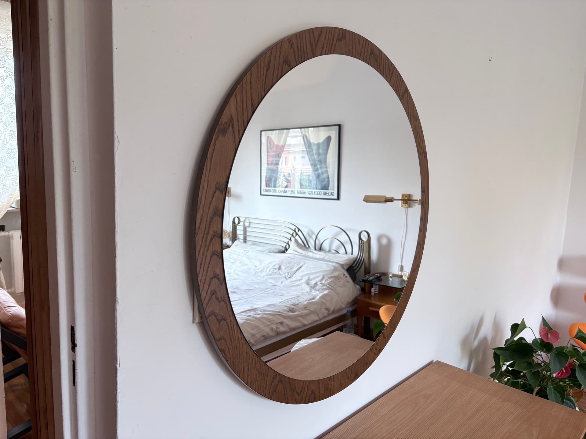 Lustro ścienne okrągłe 94 cm, skandynawskie, drewno brązowy, lata 60. - 368218