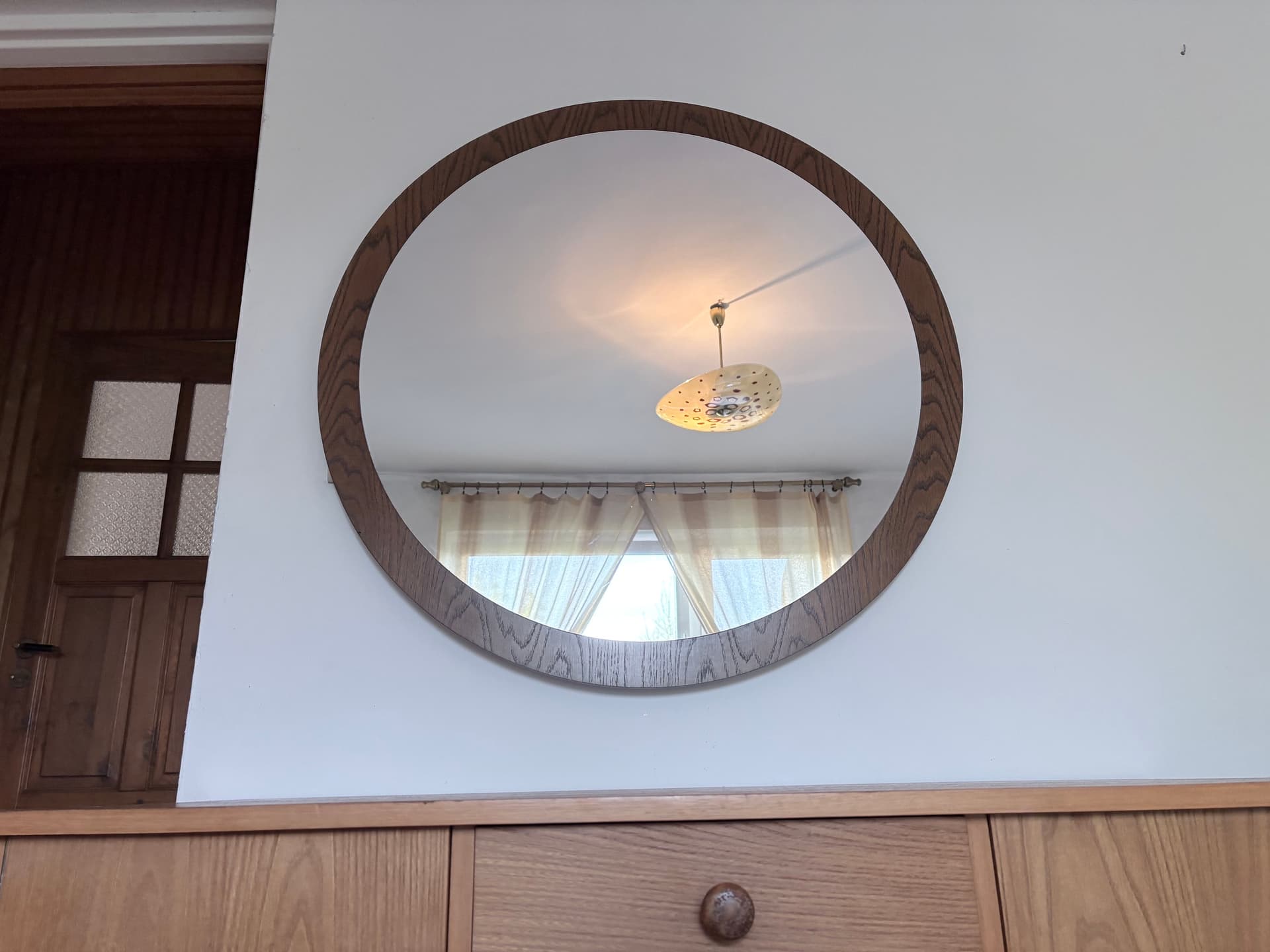 Lustro ścienne okrągłe 94 cm, skandynawskie, drewno brązowy, lata 60. - 368216