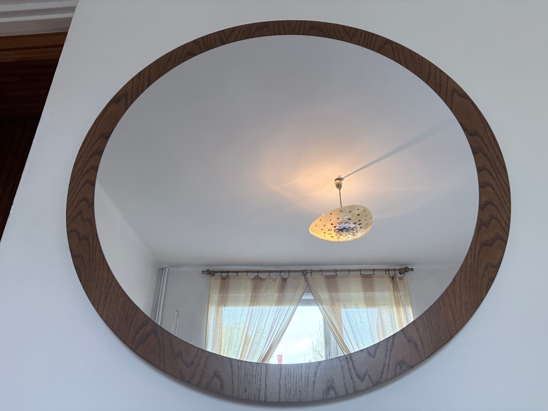 Lustro ścienne okrągłe 94 cm, skandynawskie, drewno brązowy, lata 60. - 368212