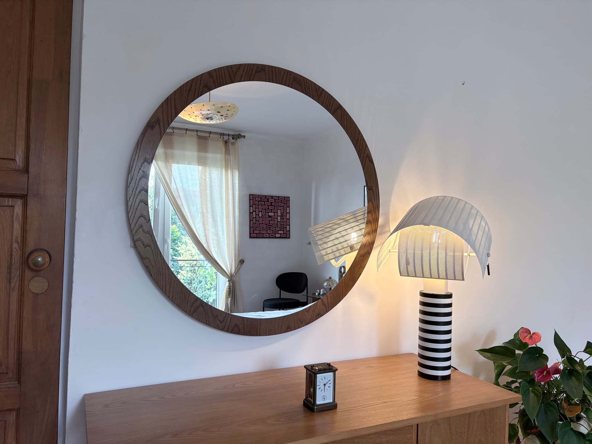 Lustro ścienne okrągłe 94 cm, skandynawskie, drewno brązowy, lata 60. - 368221