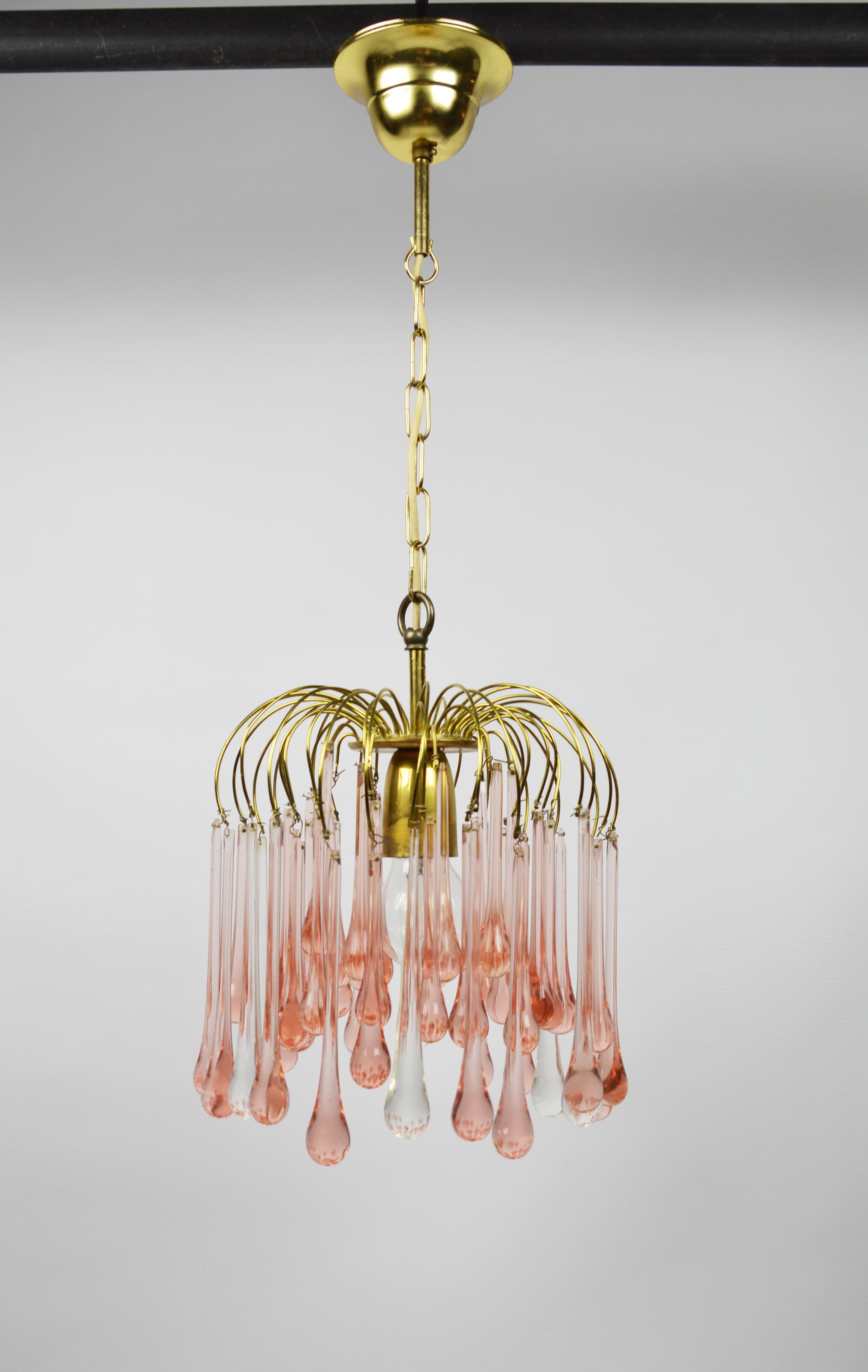 Chandelier, gold brass, pink white glass, Italy, 1960s. - 368227