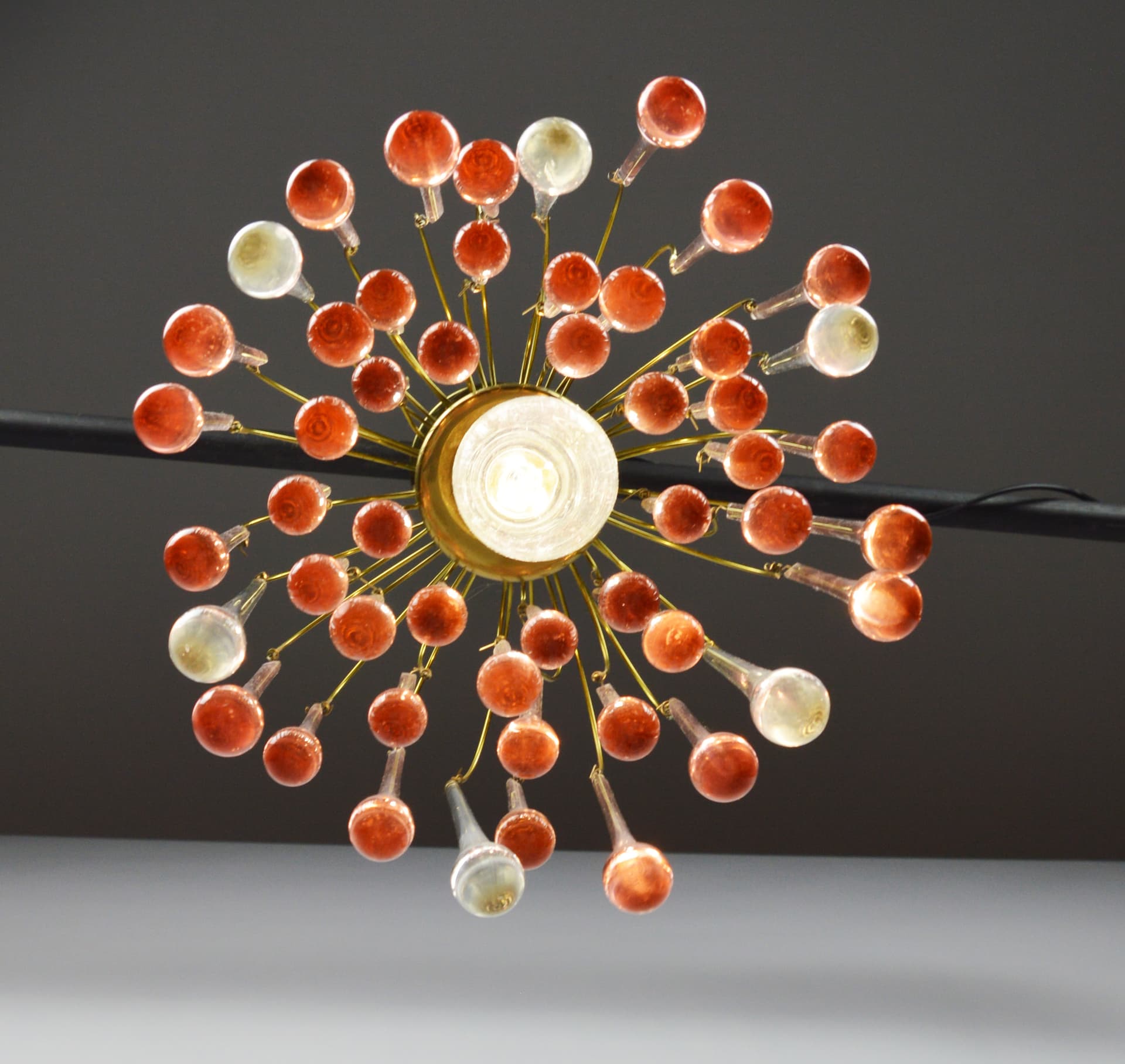 Chandelier, gold brass, pink white glass, Italy, 1960s. - 368229