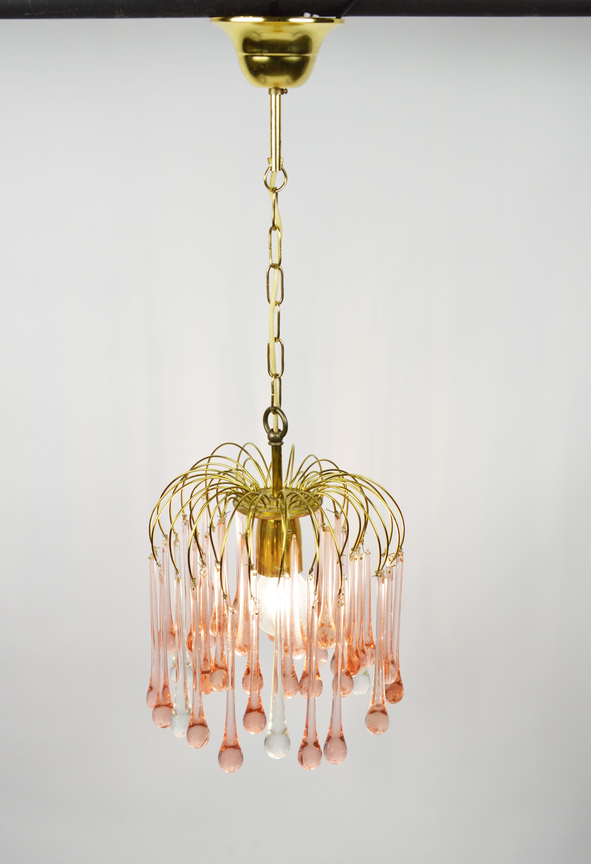 Chandelier, gold brass, pink white glass, Italy, 1960s. - 368224