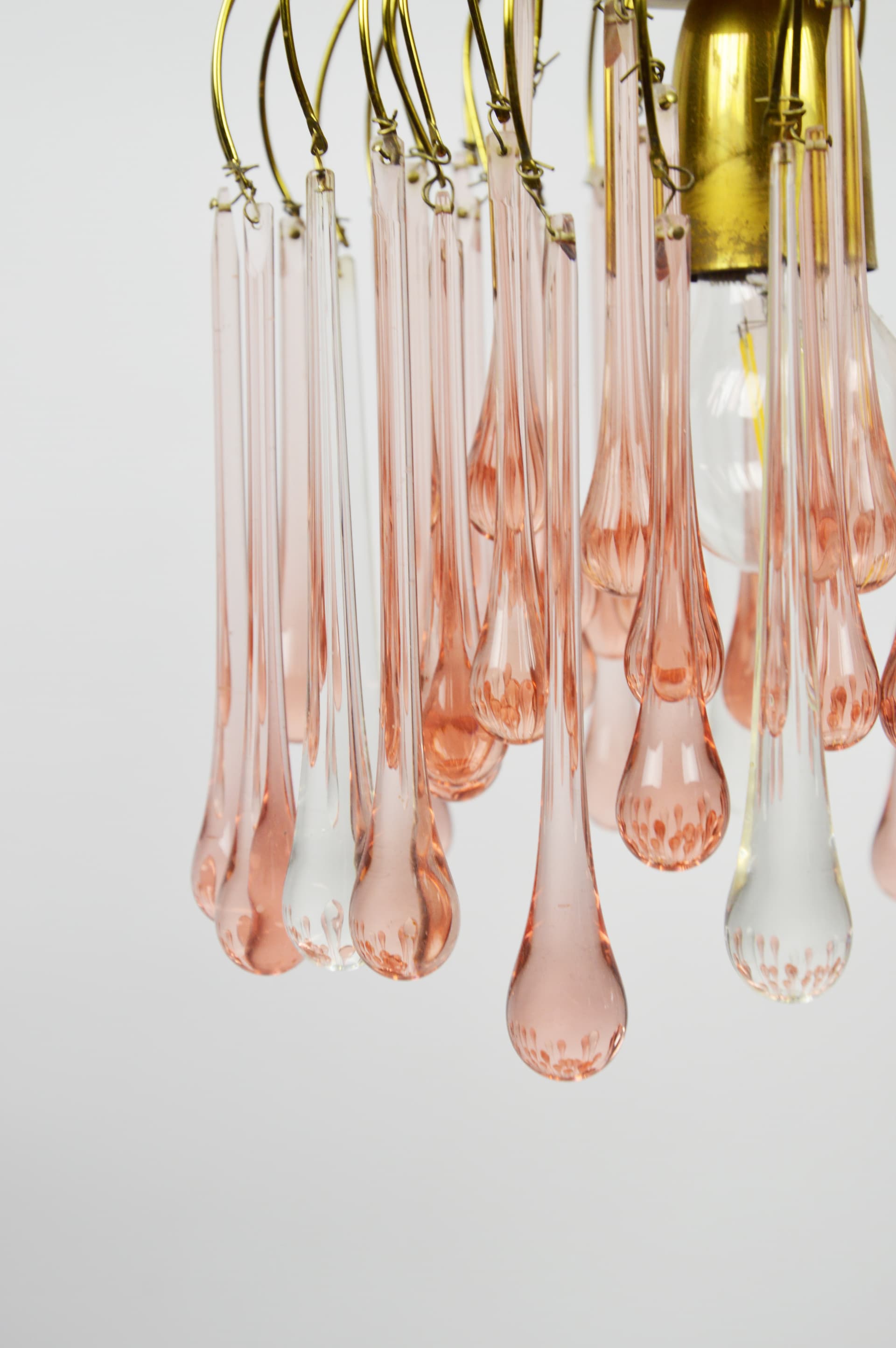 Chandelier, gold brass, pink white glass, Italy, 1960s. - 368230