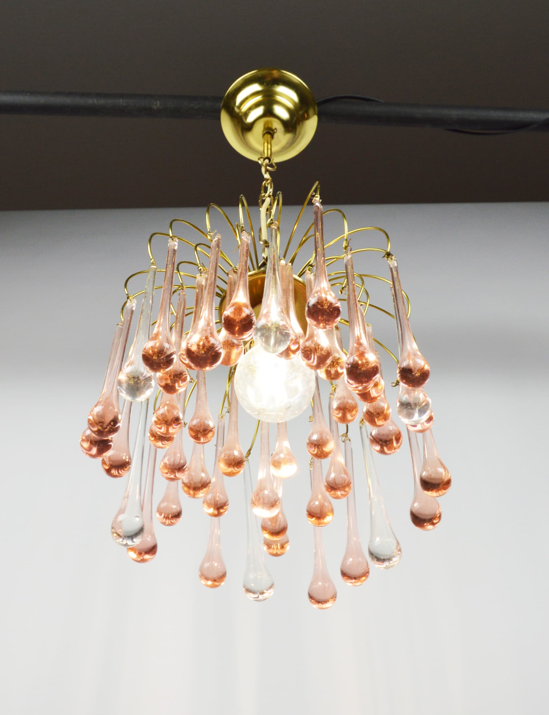 Chandelier, gold brass, pink white glass, Italy, 1960s. - 368228