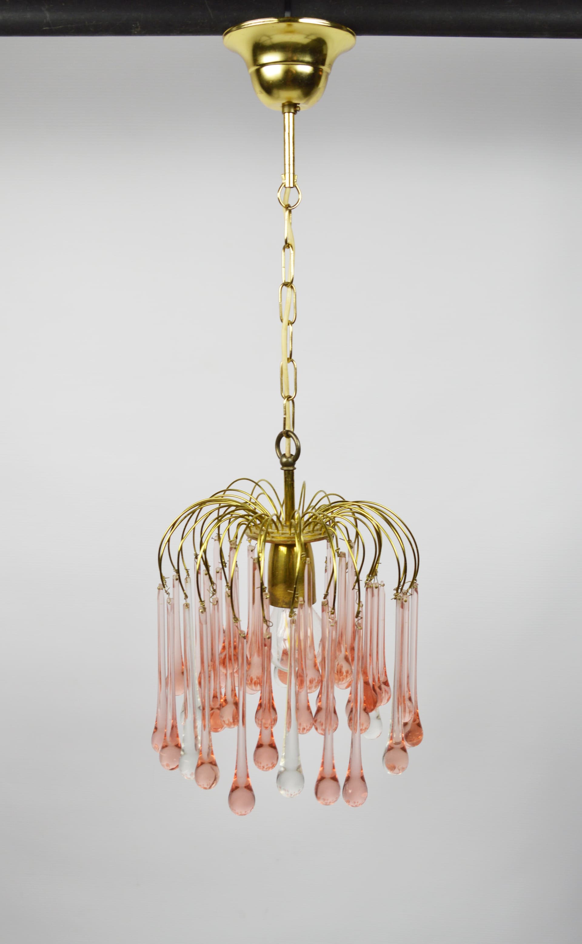 Chandelier, gold brass, pink white glass, Italy, 1960s. - 368223