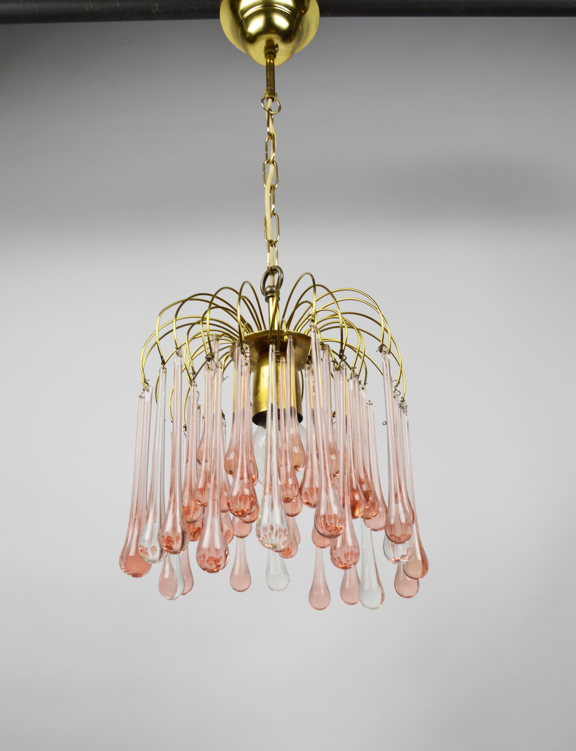 Chandelier, gold brass, pink white glass, Italy, 1960s. - 368225