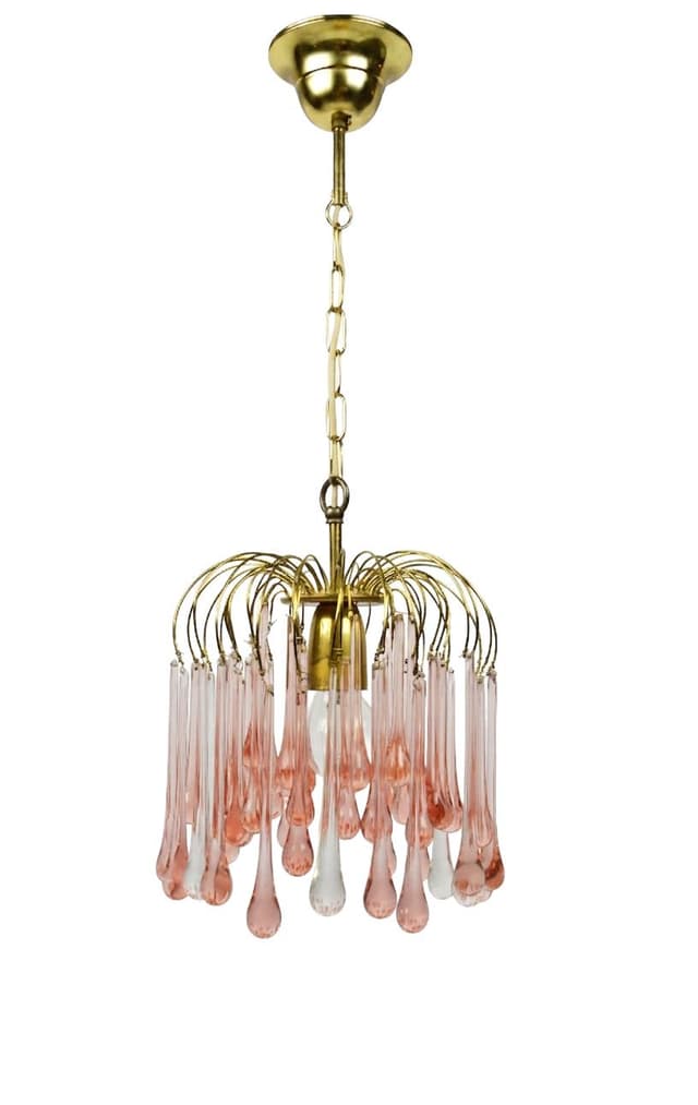 Chandelier, gold brass, pink white glass, Italy, 1960s. - DIMENSION