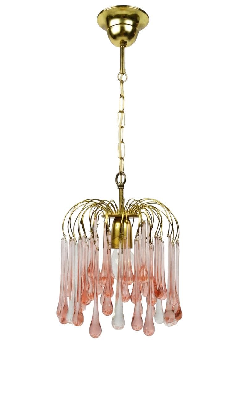 Chandelier, gold brass, pink white glass, Italy, 1960s.