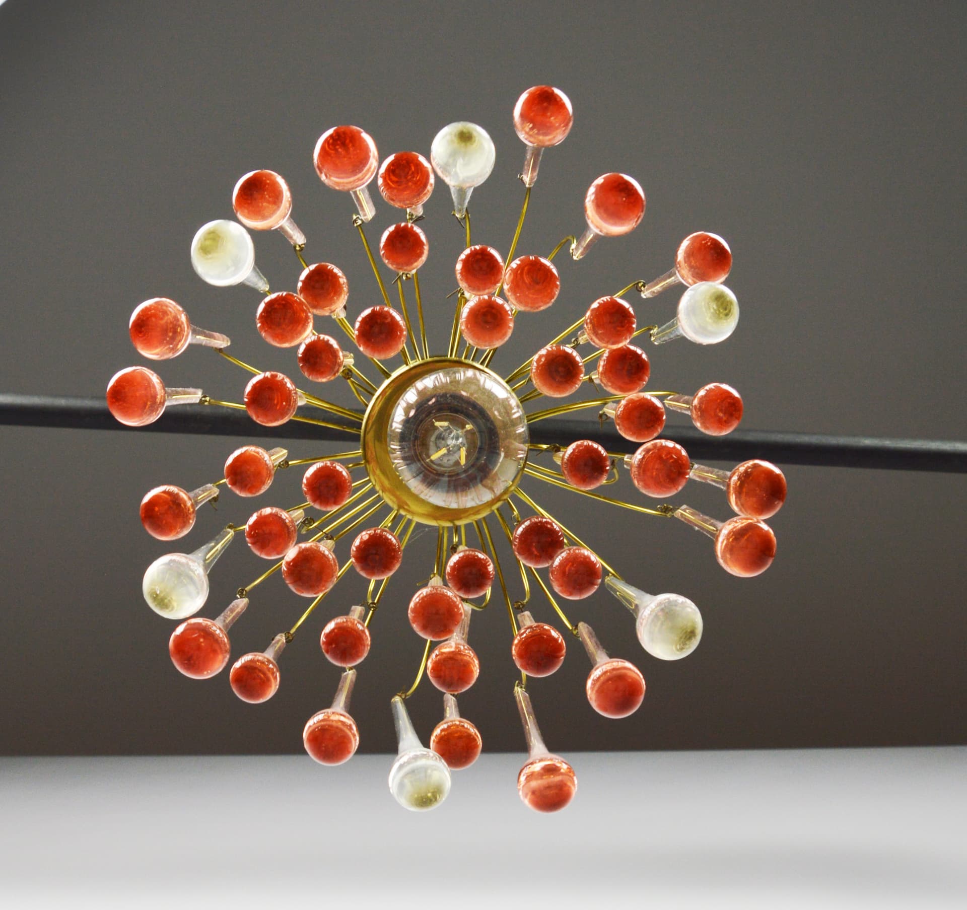 Chandelier, gold brass, pink white glass, Italy, 1960s. - 368226