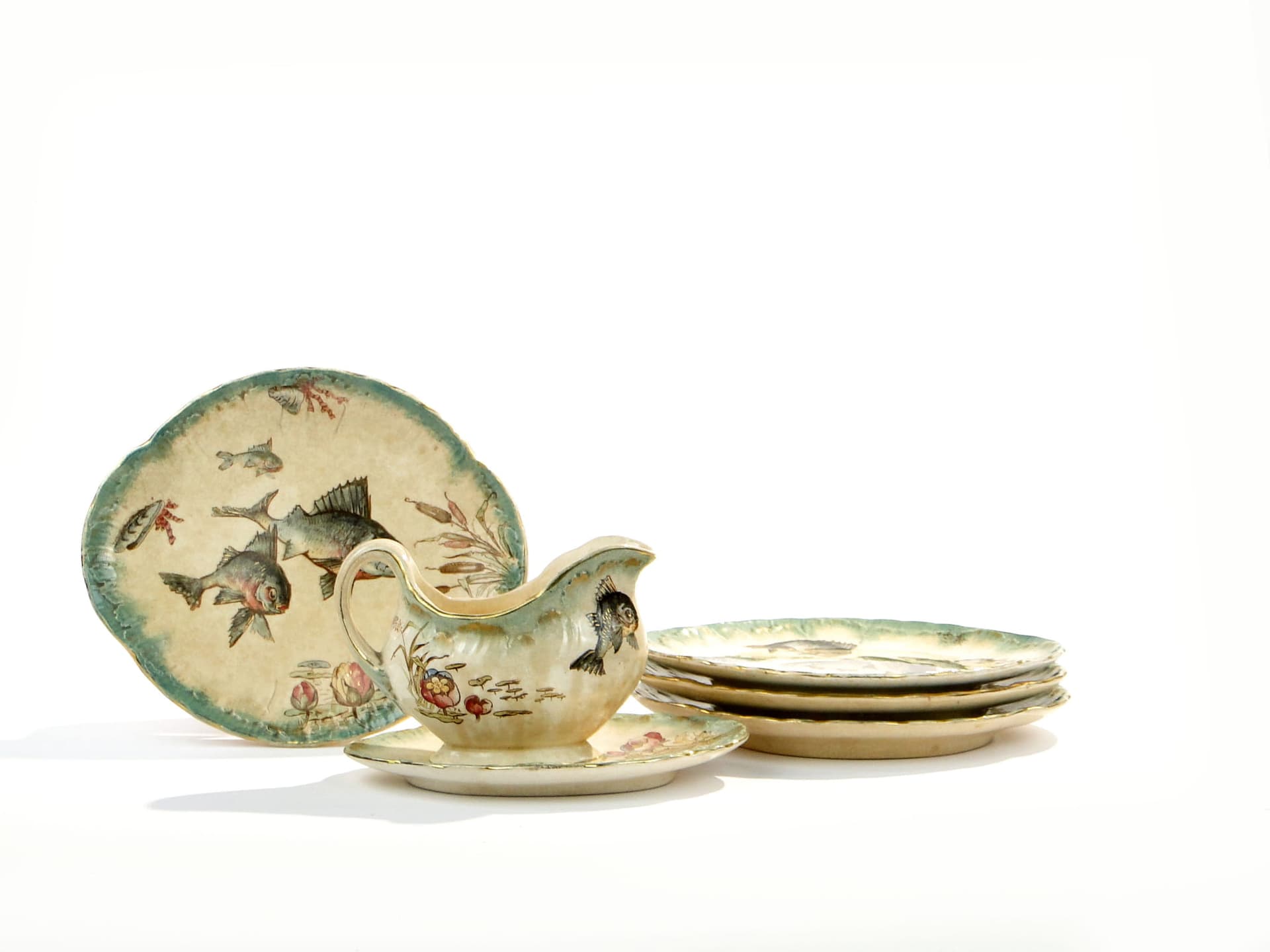 Zestaw do serwowania ryb, ceramika beżowa zielona złocona, Villeroy & Boch Drezno, Niemcy, XIX w. - 368492