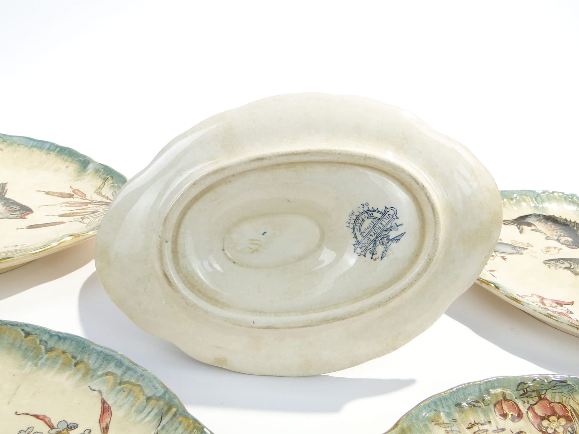 Zestaw do serwowania ryb, ceramika beżowa zielona złocona, Villeroy & Boch Drezno, Niemcy, XIX w. - 368489
