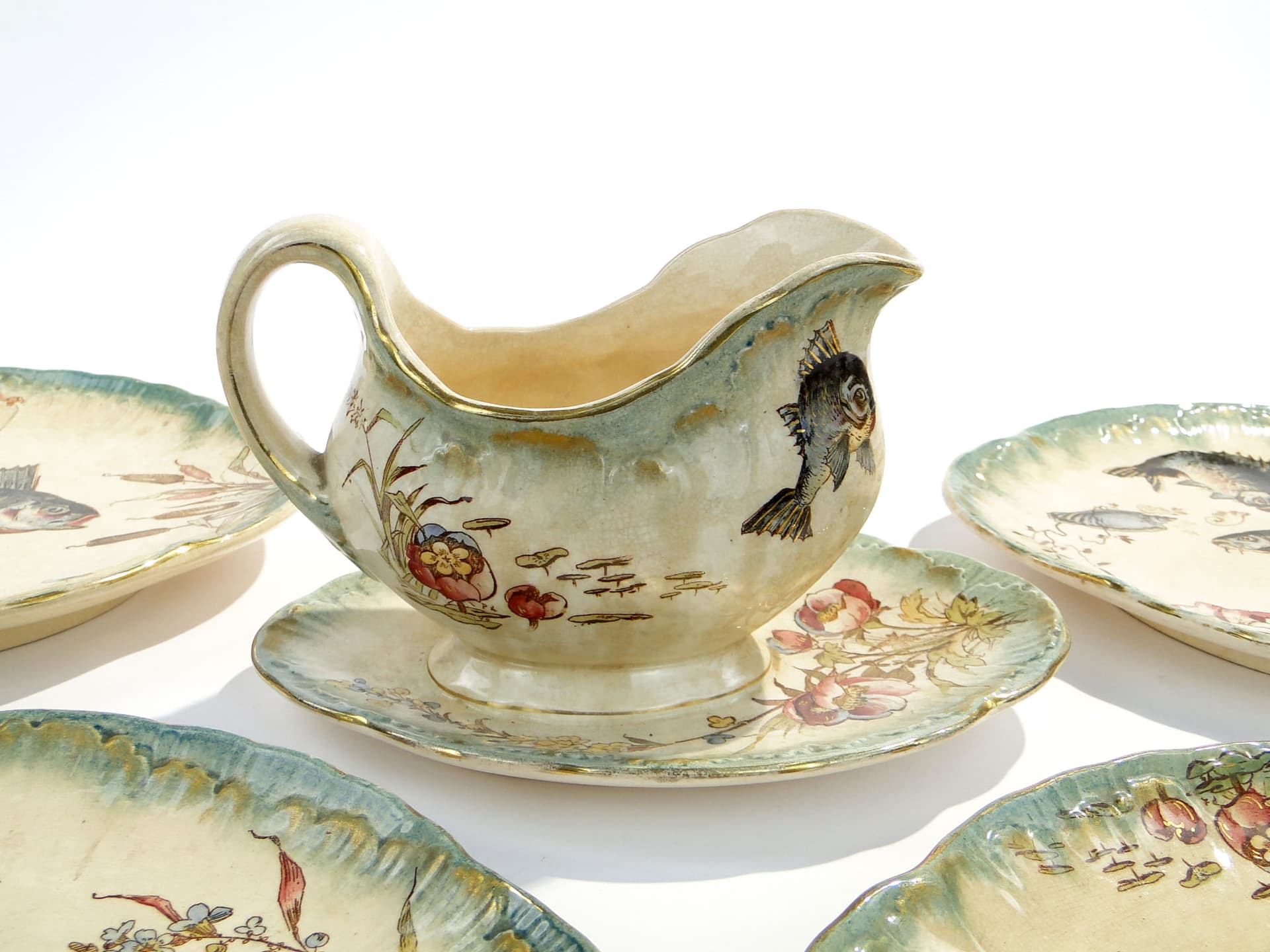 Zestaw do serwowania ryb, ceramika beżowa zielona złocona, Villeroy & Boch Drezno, Niemcy, XIX w. - 368488