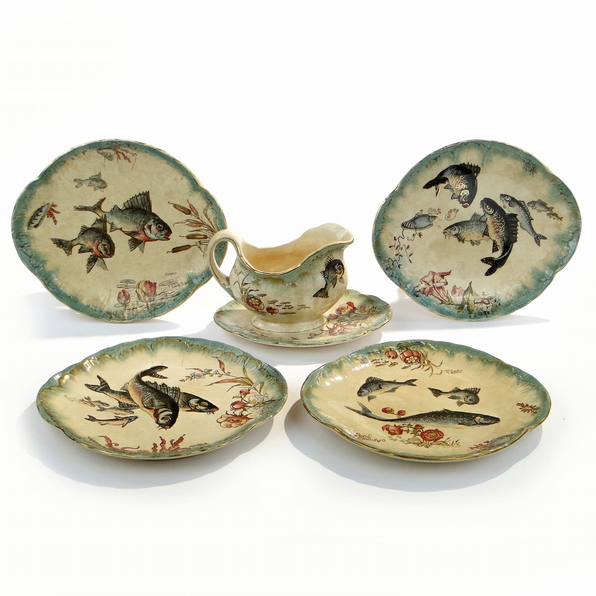 Zestaw do serwowania ryb, ceramika beżowa zielona złocona, Villeroy & Boch Drezno, Niemcy, XIX w. - 368493