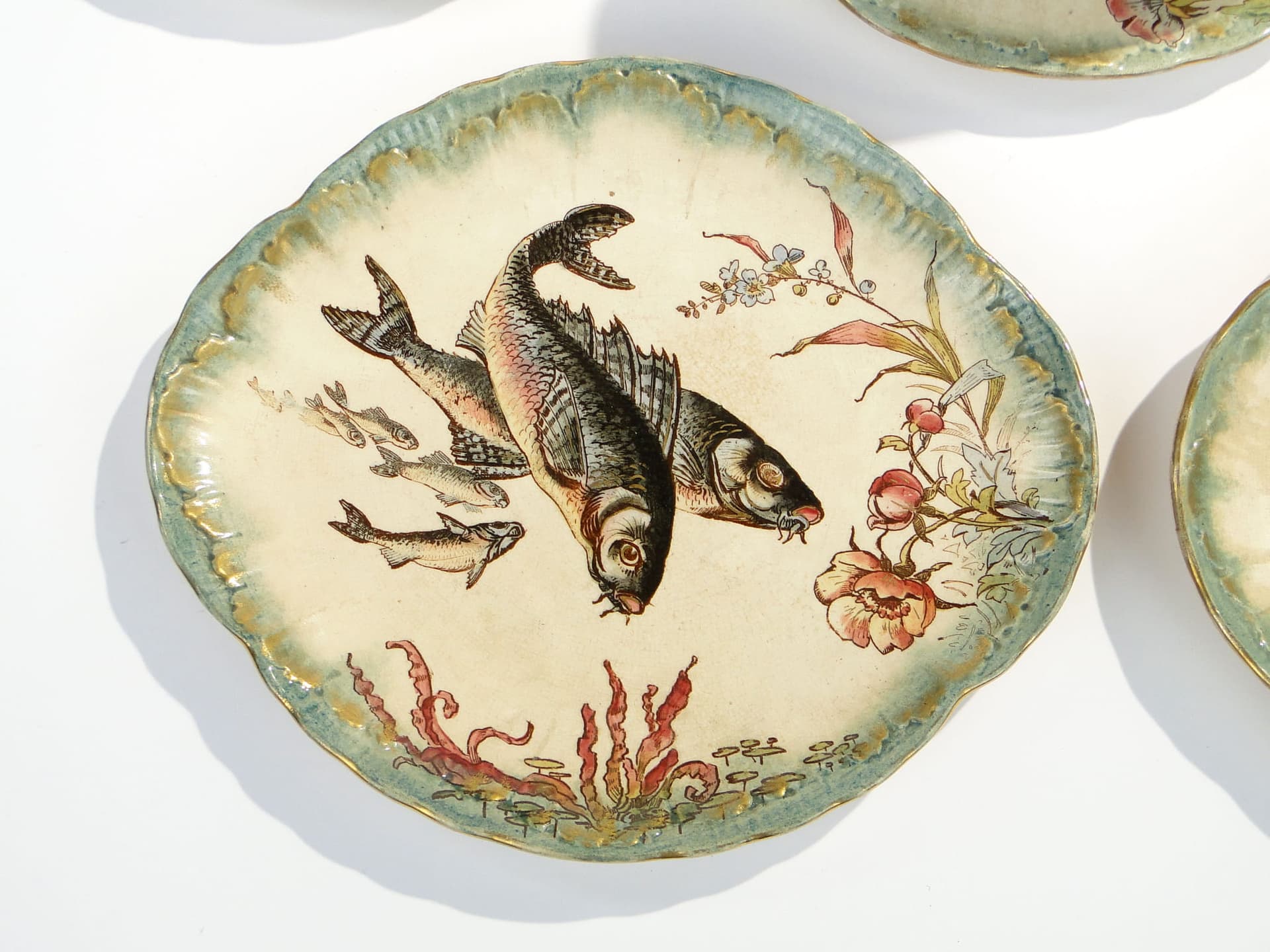 Zestaw do serwowania ryb, ceramika beżowa zielona złocona, Villeroy & Boch Drezno, Niemcy, XIX w. - 368495