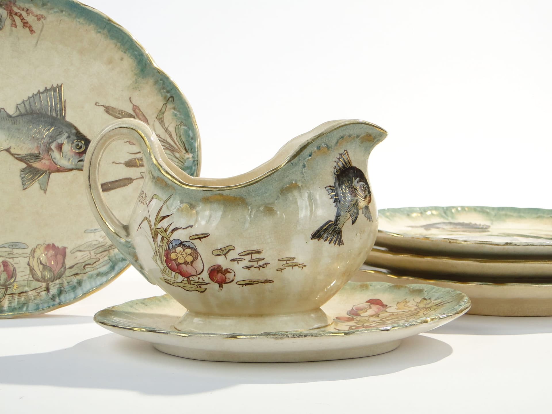 Zestaw do serwowania ryb, ceramika beżowa zielona złocona, Villeroy & Boch Drezno, Niemcy, XIX w. - 368485