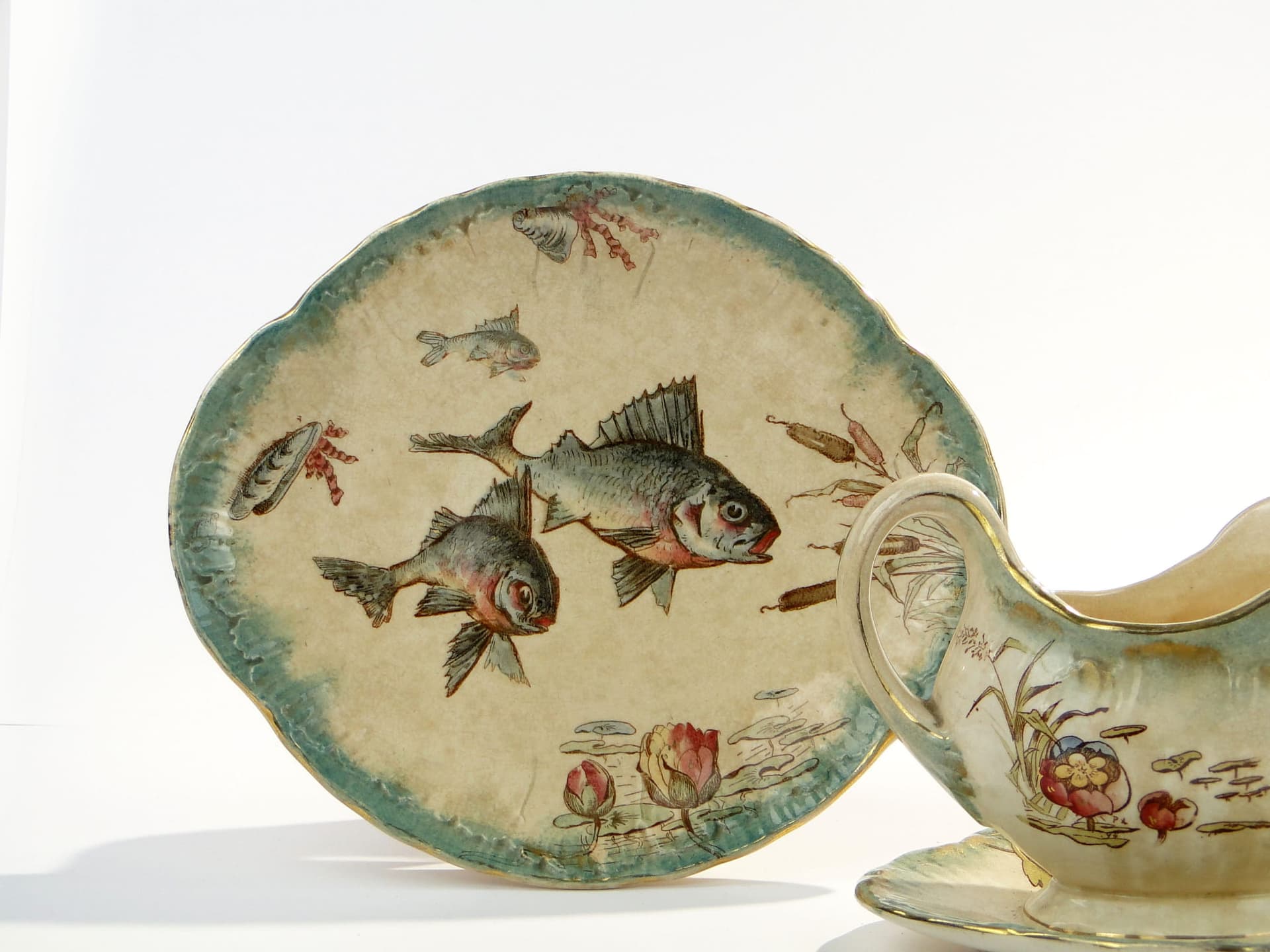 Zestaw do serwowania ryb, ceramika beżowa zielona złocona, Villeroy & Boch Drezno, Niemcy, XIX w. - 368484