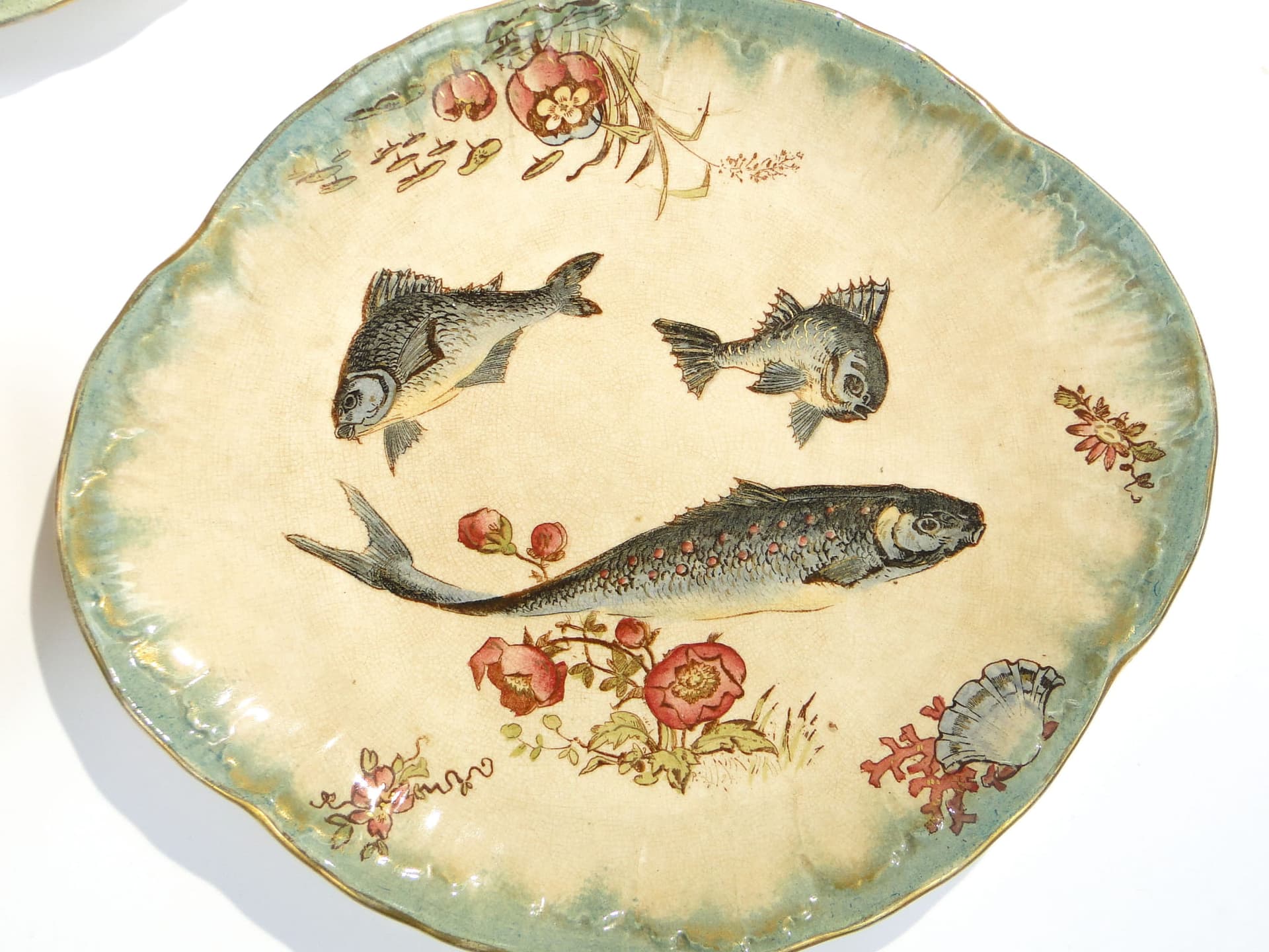 Zestaw do serwowania ryb, ceramika beżowa zielona złocona, Villeroy & Boch Drezno, Niemcy, XIX w. - 368487