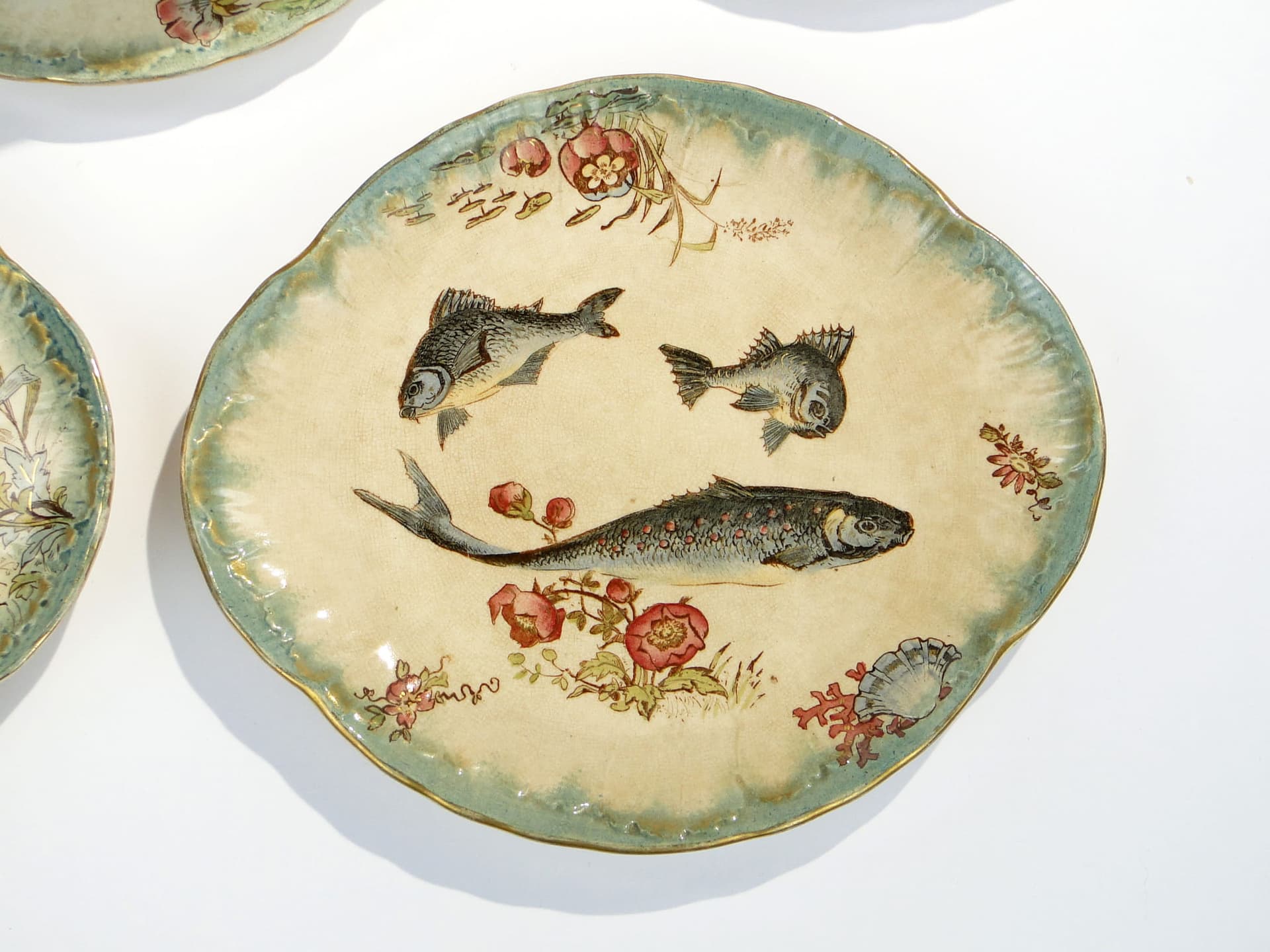 Zestaw do serwowania ryb, ceramika beżowa zielona złocona, Villeroy & Boch Drezno, Niemcy, XIX w. - 368496