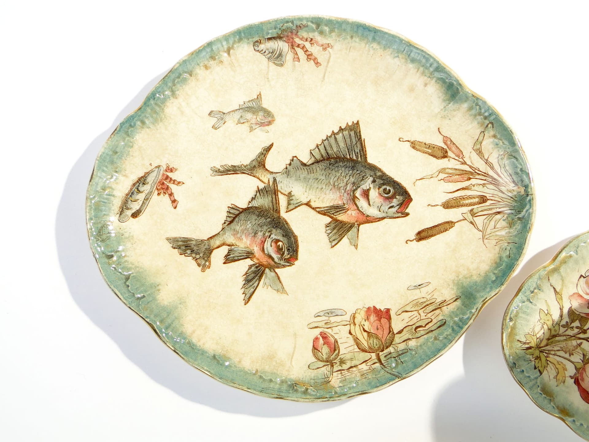 Zestaw do serwowania ryb, ceramika beżowa zielona złocona, Villeroy & Boch Drezno, Niemcy, XIX w. - 368494