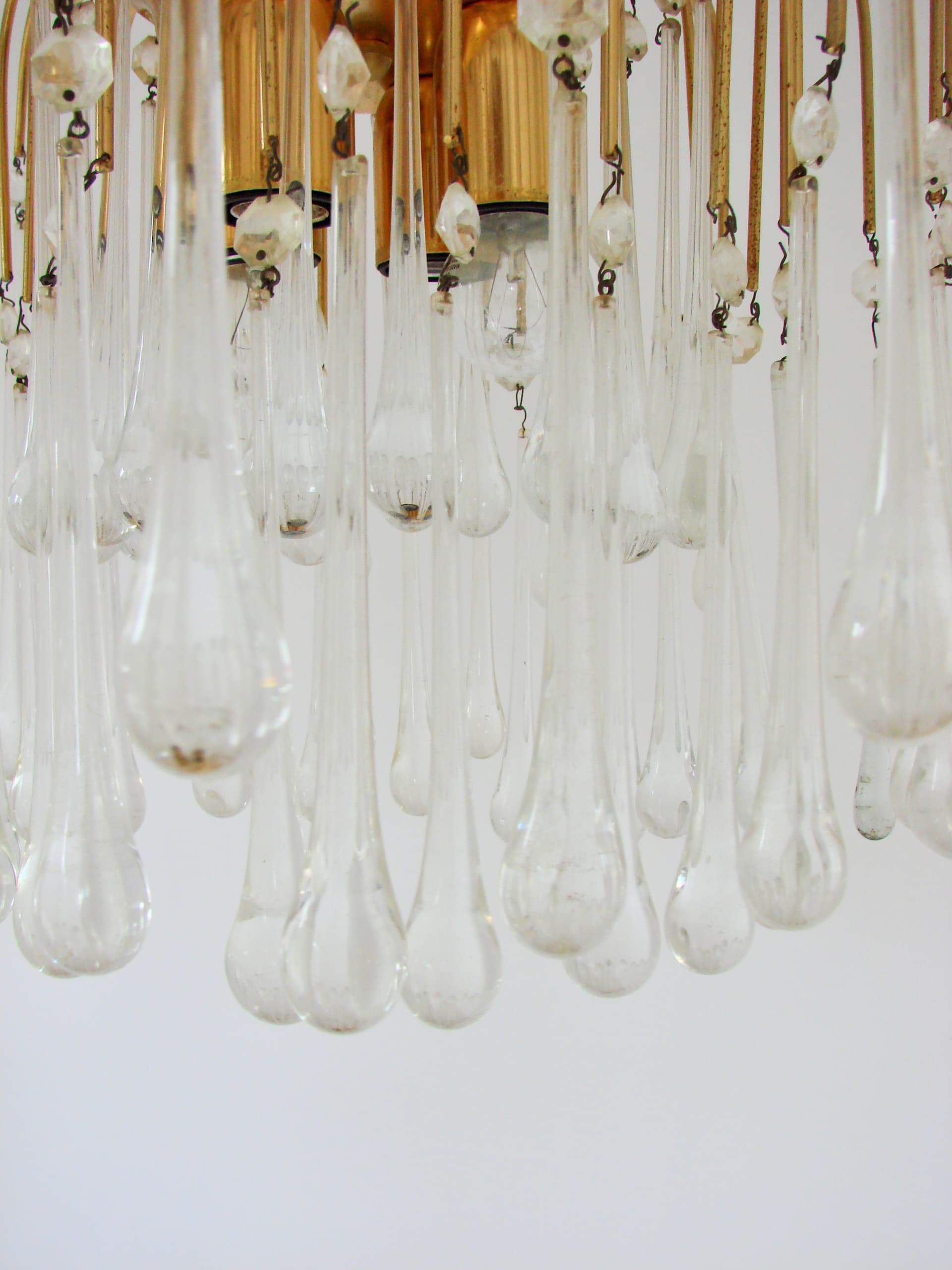 Lampa wisząca, złoty metal, kryształ przezroczysty, proj. P. Venini, Włochy, lata 70. - 368552
