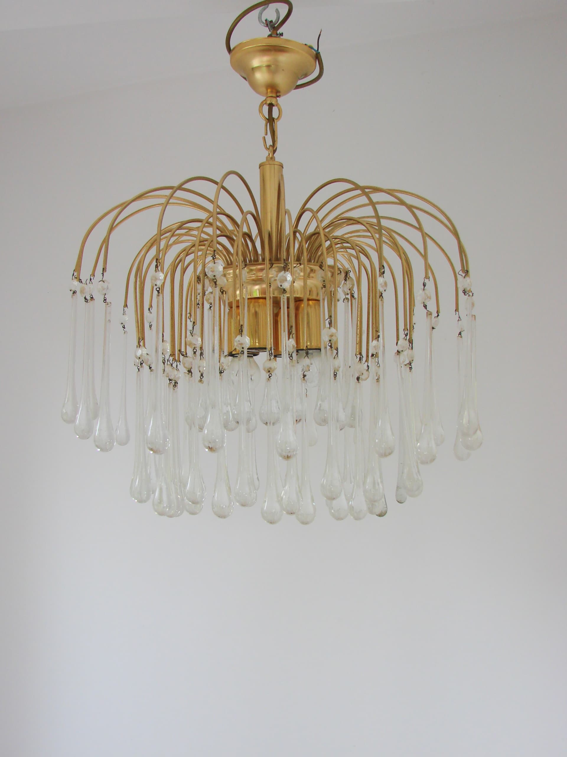 Lampa wisząca, złoty metal, kryształ przezroczysty, proj. P. Venini, Włochy, lata 70. - 368545