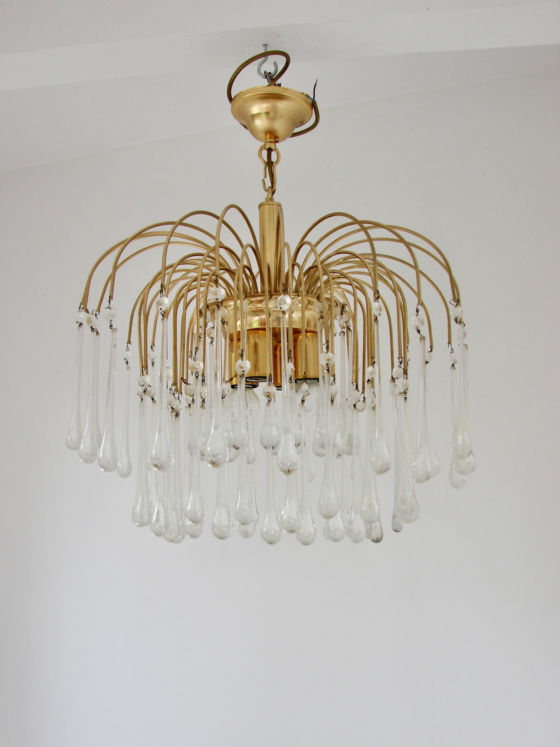 Lampa wisząca, złoty metal, kryształ przezroczysty, proj. P. Venini, Włochy, lata 70. - 368544