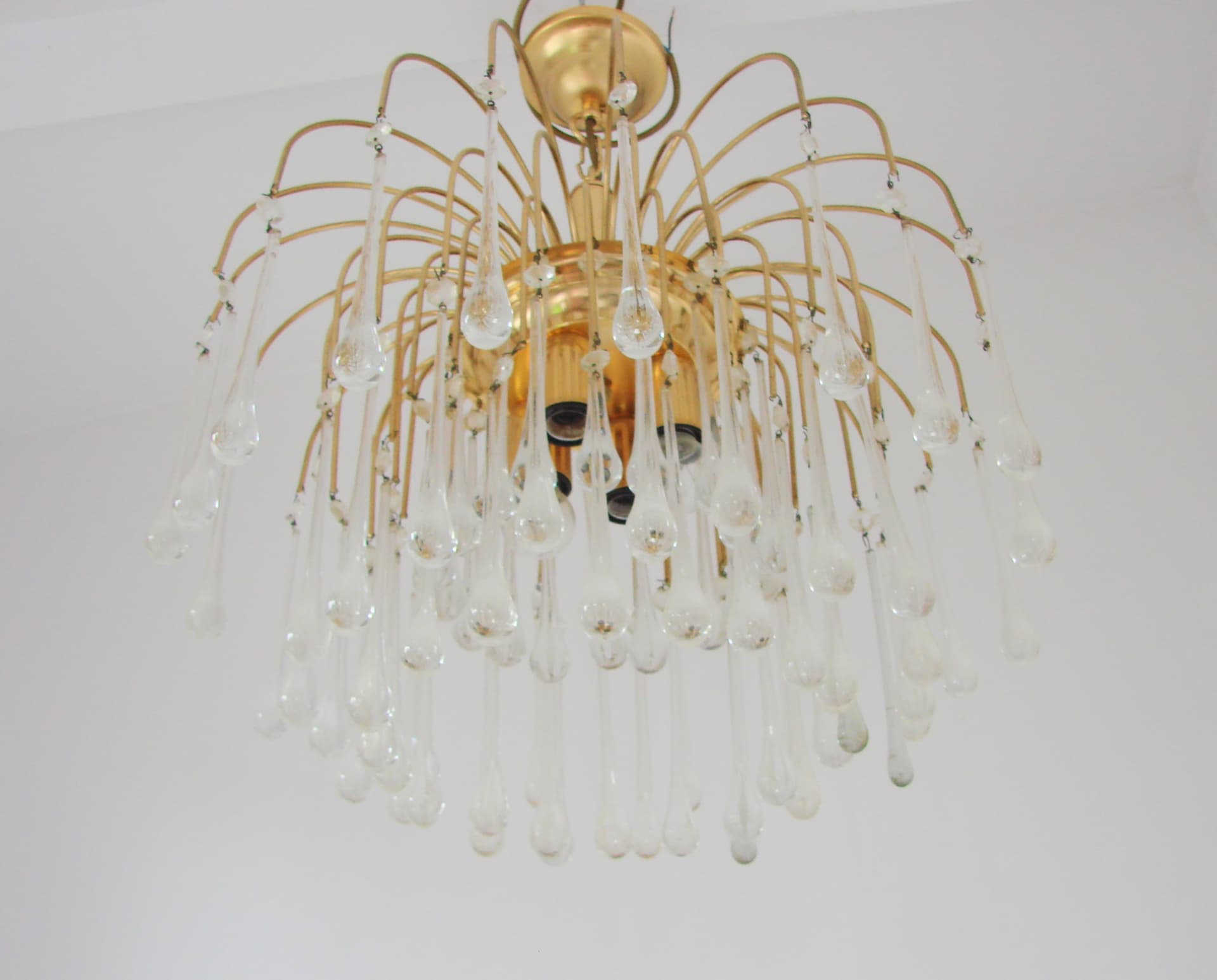 Lampa wisząca, złoty metal, kryształ przezroczysty, proj. P. Venini, Włochy, lata 70. - 368547