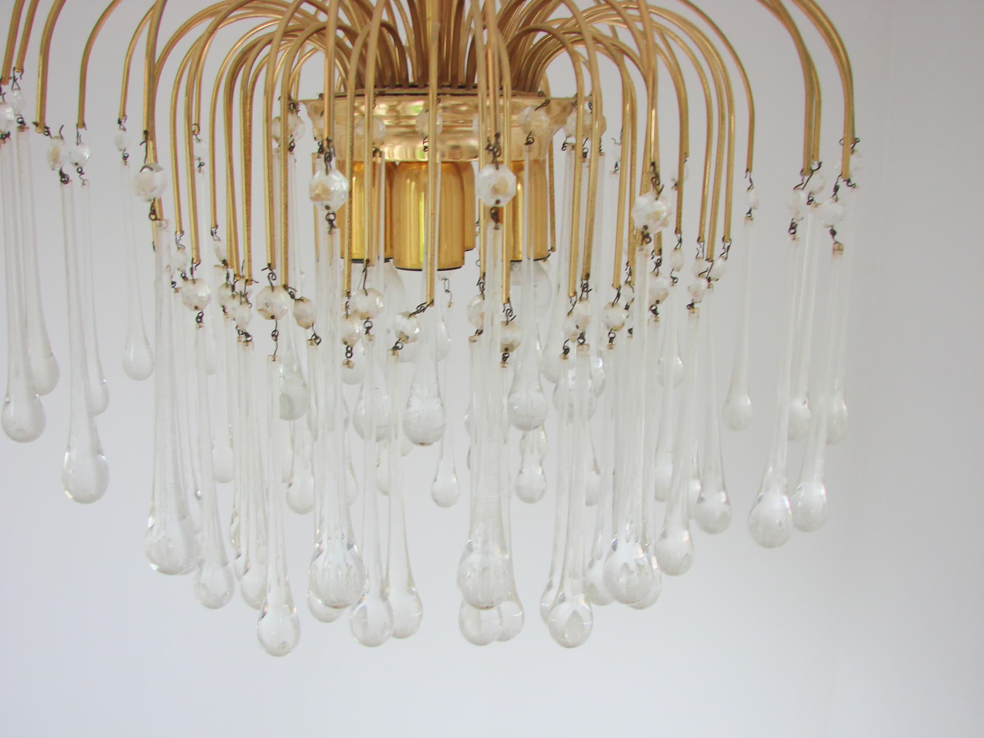 Lampa wisząca, złoty metal, kryształ przezroczysty, proj. P. Venini, Włochy, lata 70. - 368549