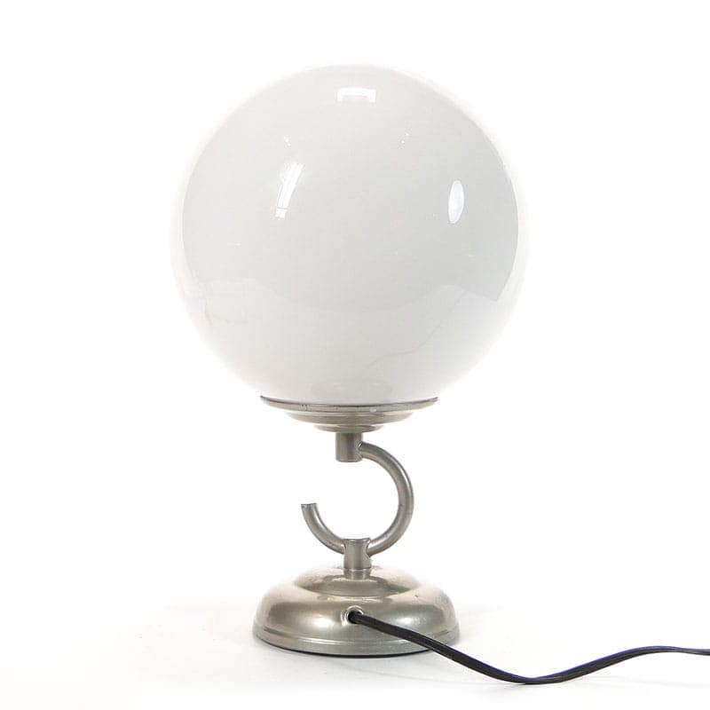 Lampa stołowa, pop art, szkło białe, metal srebrny, Polska, lata 50. - 368582