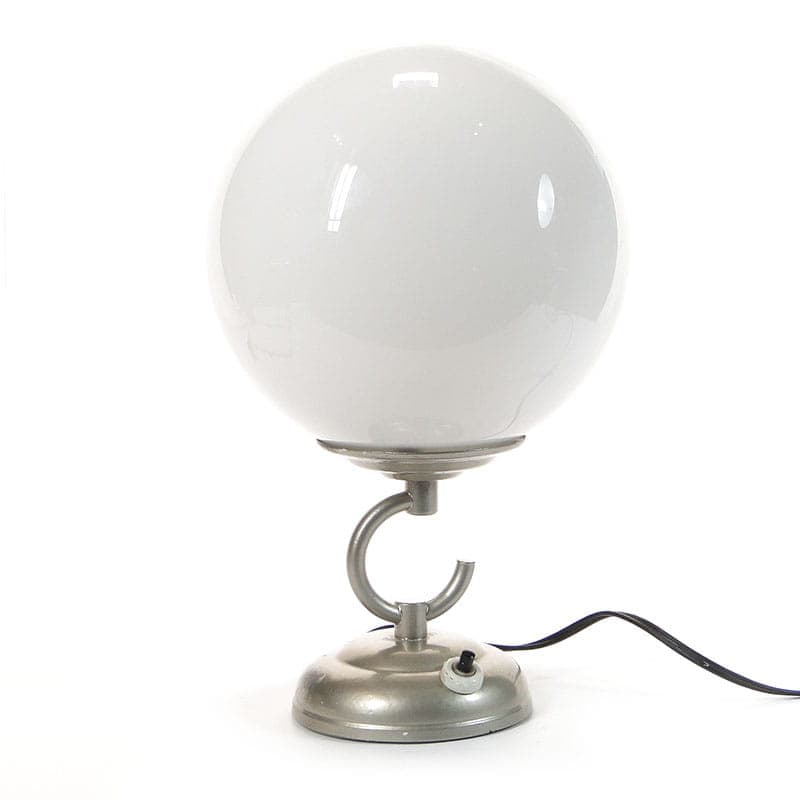 Lampa stołowa, pop art, szkło białe, metal srebrny, Polska, lata 50. - 368580