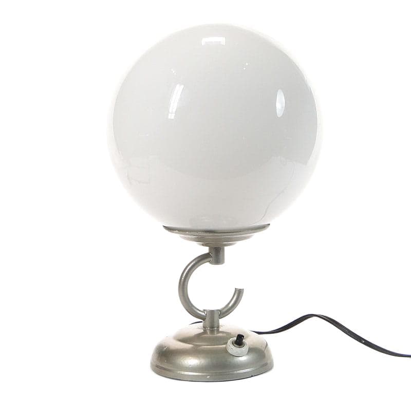 Lampa stołowa, pop art, szkło białe, metal srebrny, Polska, lata 50.
