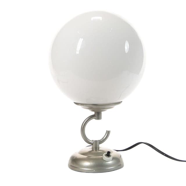 Lampa stołowa, pop art, szkło białe, metal srebrny, Polska, lata 50. - WYMIARY