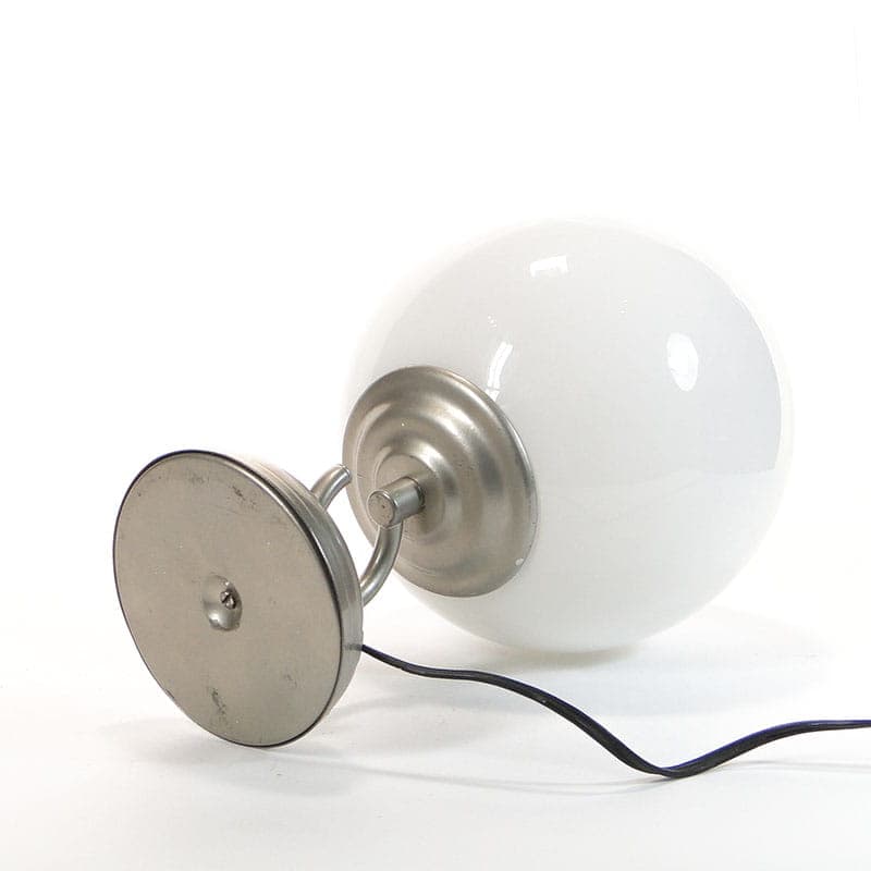 Lampa stołowa, pop art, szkło białe, metal srebrny, Polska, lata 50. - 368583