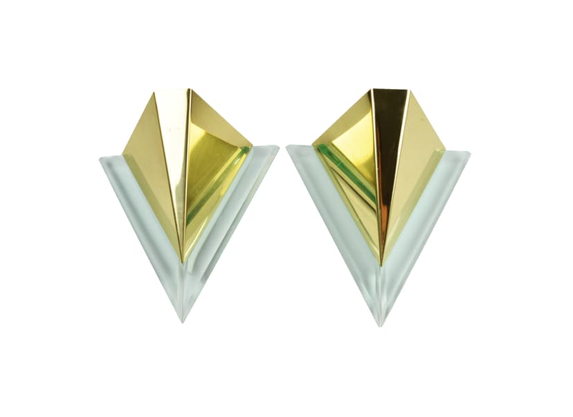 Para kinkietów geometrycznych, metal złoty, plexi przezroczysta niebieska, Niemcy, lata 80.