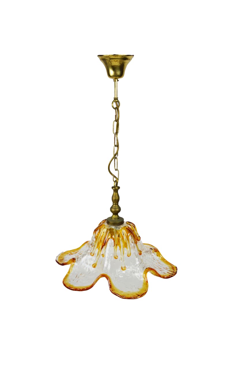 Lampa wisząca, szkło przezroczyste złoty żółty, metal złoty, lata 70.