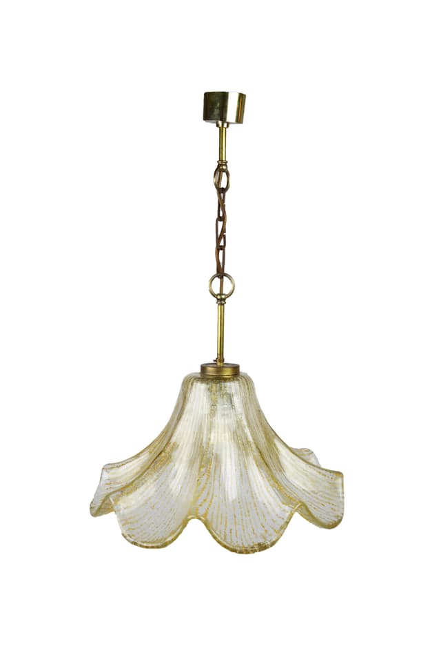 Lampa wisząca, szkło biały przezroczysty, mosiądz złoty, lata 70. - WYMIARY