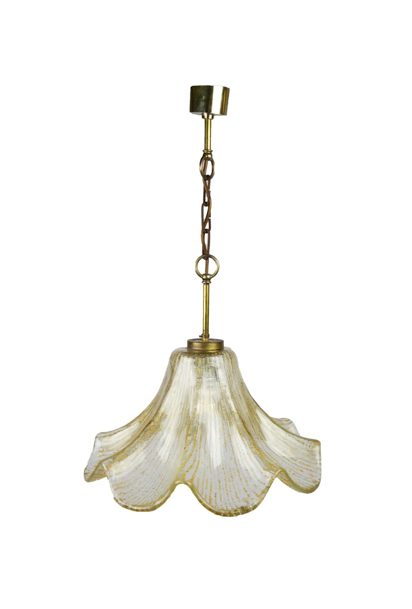 Lampa wisząca, szkło biały przezroczysty, mosiądz złoty, lata 70.