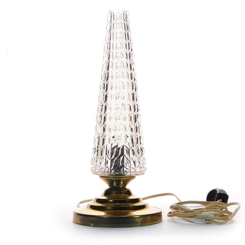 Lampa stołowa, modernizm, mosiądz złoty, szkło przezroczysty, Polska, lata 60.