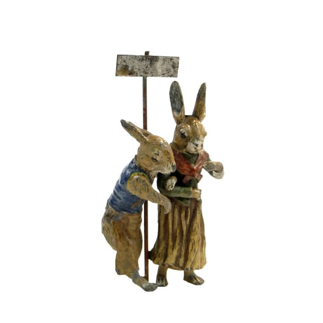Figurka pary zająców, folkowa, multikolor, cyna, Austria, początek XX w. - WYMIARY