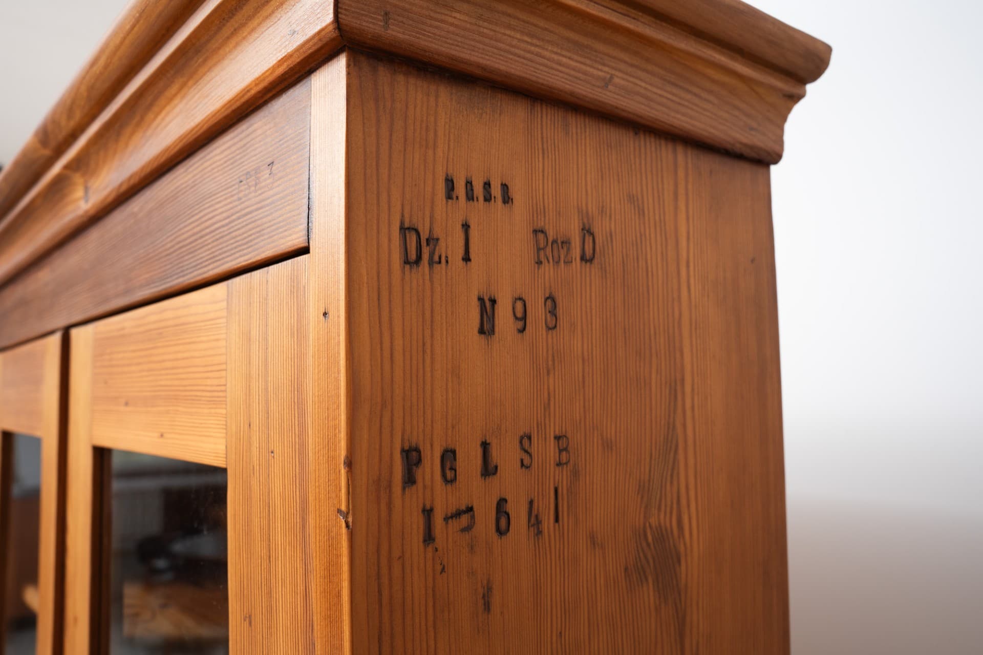Biblioteka szkolna, brązowy, drewno sosna, szkło, Polska, początek XX w. - 368864