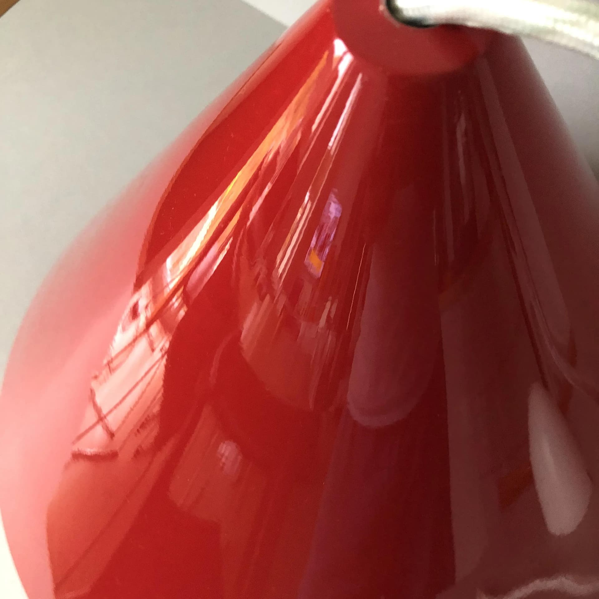 Pendant lamp, red lacquered aluminium, by A. Jacobsen, Louis Poulsen, Denmark, 1990s. - 26992