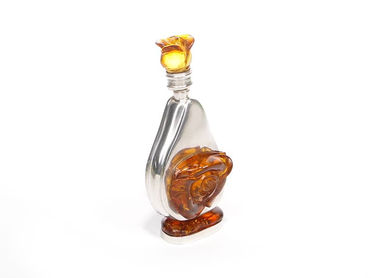 Flakon na perfumy, srebro srebrny, bursztyn złoty, Polska, lata 70.