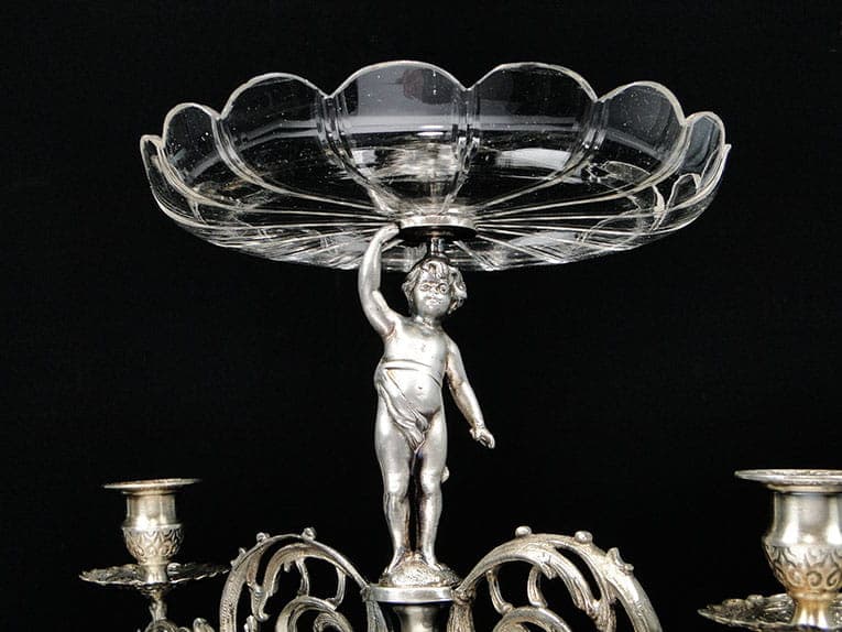 Patera figuralna, srebrny, mosiądz platerowany, cyna, kryształ, Polska, początek XX w. - 369094