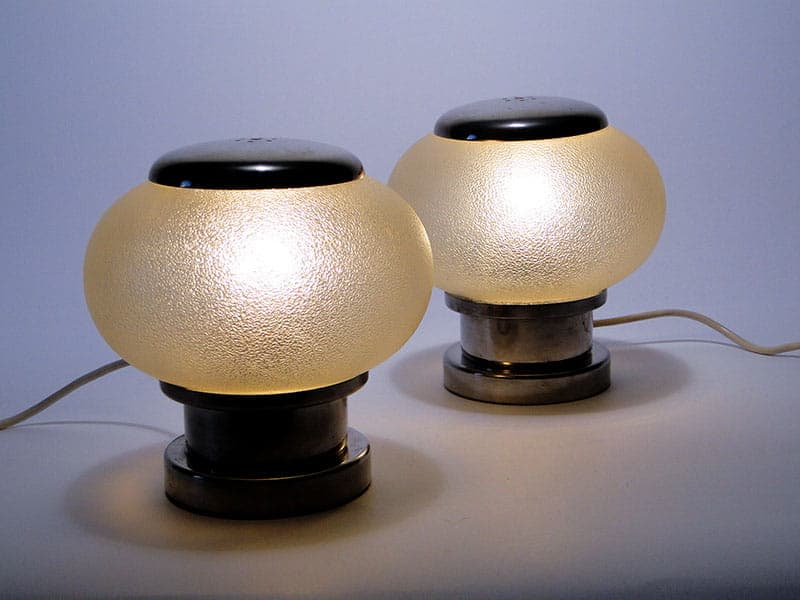 Para lamp stołowych, szkło biały, mosiądz srebrny, Czechosłowacja, lata 50. - 369333